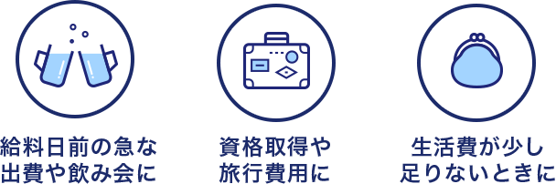 給料日前の急な出費や飲み会に 資格取得や旅行費用に 生活費が少し足りないときに