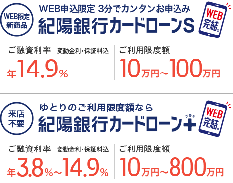 WEB限定新商品 WEB完結。紀陽銀行カードローンS / 来店不要 WEB完結。紀陽銀行カードローンプラス