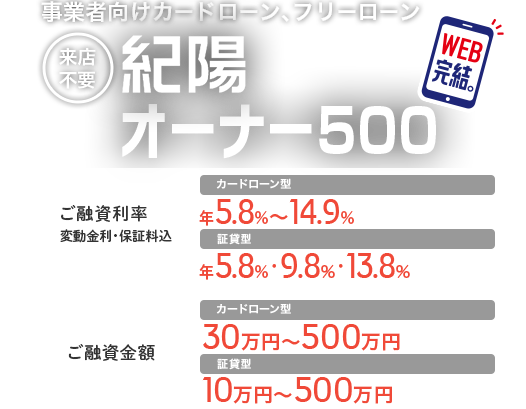 来店不要 WEB完結。 事業者向けカードローン、フリーローン 紀陽オーナー500 ご融資利率 変動金利・保証料込 カードローン型年5.8%～14.8% 証貸型年5.8%・9.8%・13.8% ご利用限度額  カードローン型30万円～500万円 証貸型10万円～500万円